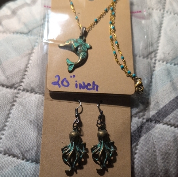 2pc! Dolphin Necklace and Octopus Earrings Set - Picture 1 of 8
